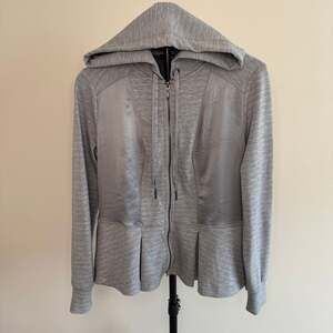 White House Black Market WKND Heather Gray Peplum Front Zip Hoodie